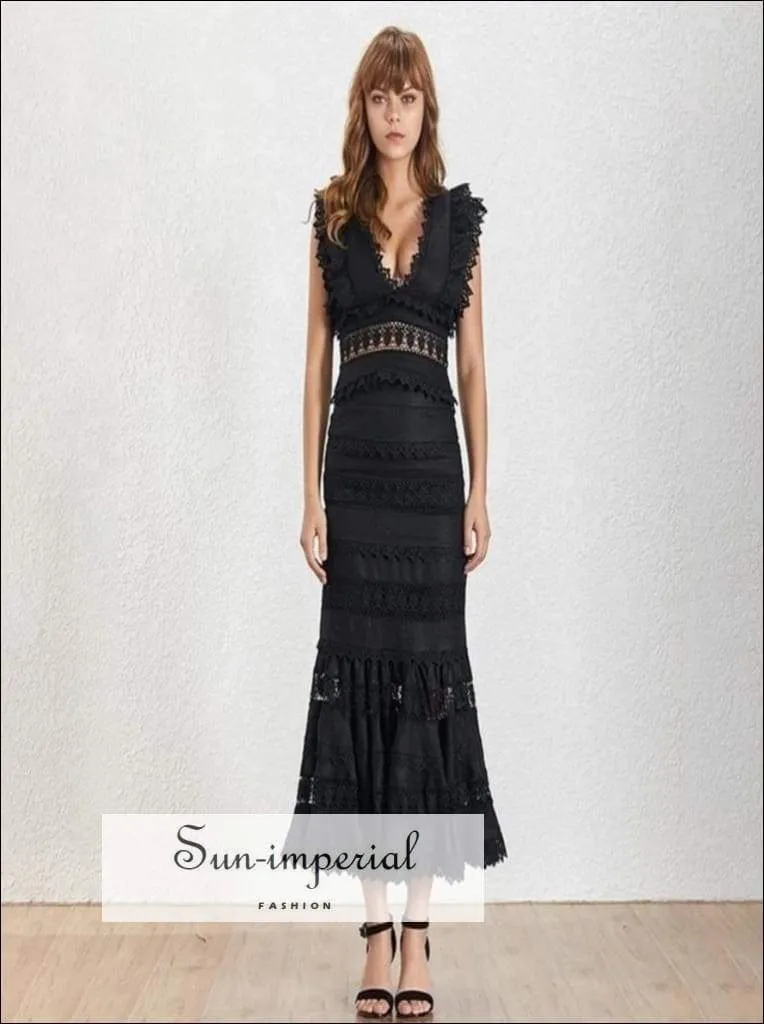 Elaine Dress- Vintage Solid White and Black Elegant V Neck Lace Ruffles Maxi Dress