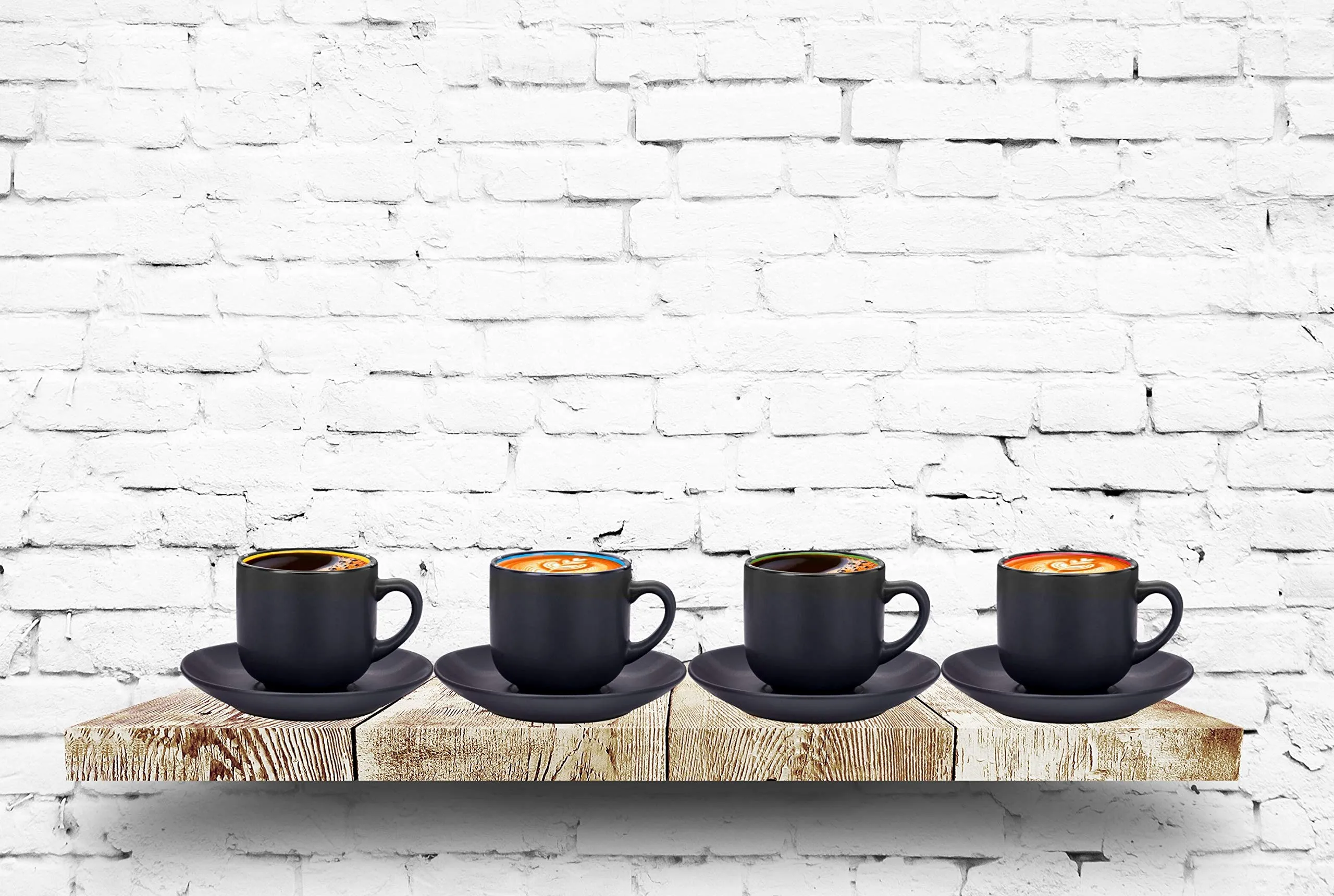 Espresso Cups with Saucers by Bruntmor - 4 ounce - Matte Black Exterior, Solid Color