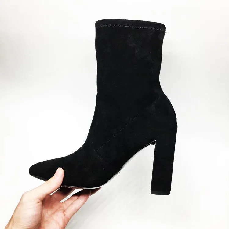 Faux Suede Pointed Toe Thick Heel Boots