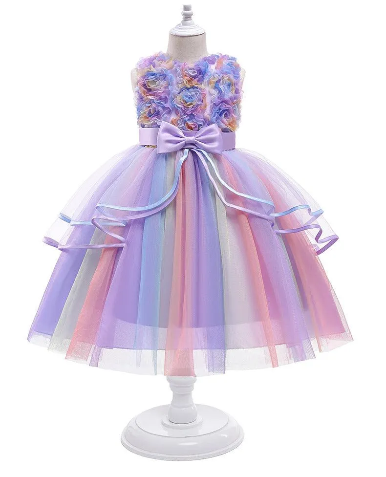 Girl Floral Patchwork Rainbow Dress Fairy Tale Dream Princess Dress Romantic Floral Children's Wear