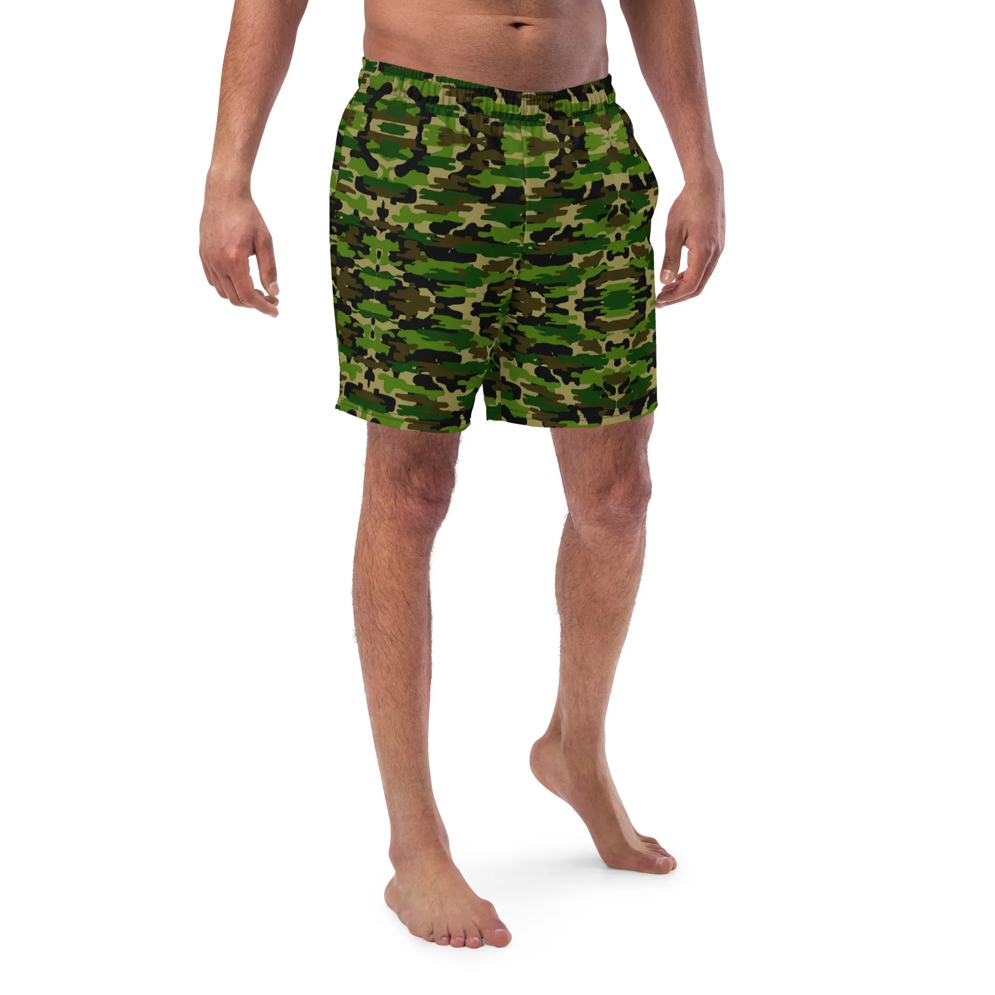 Green Camo Men's Swim Trunks, Army Military Camouflaged Print Cute Quick Drying Comfortable Swim Trunks For Men - Made in USA/EU/MX