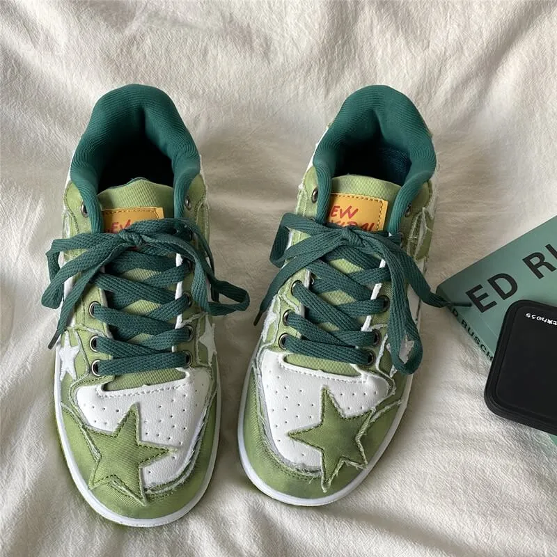 Green Stars Patchwork Fairycore Women Aesthetic Sneakers Shoes