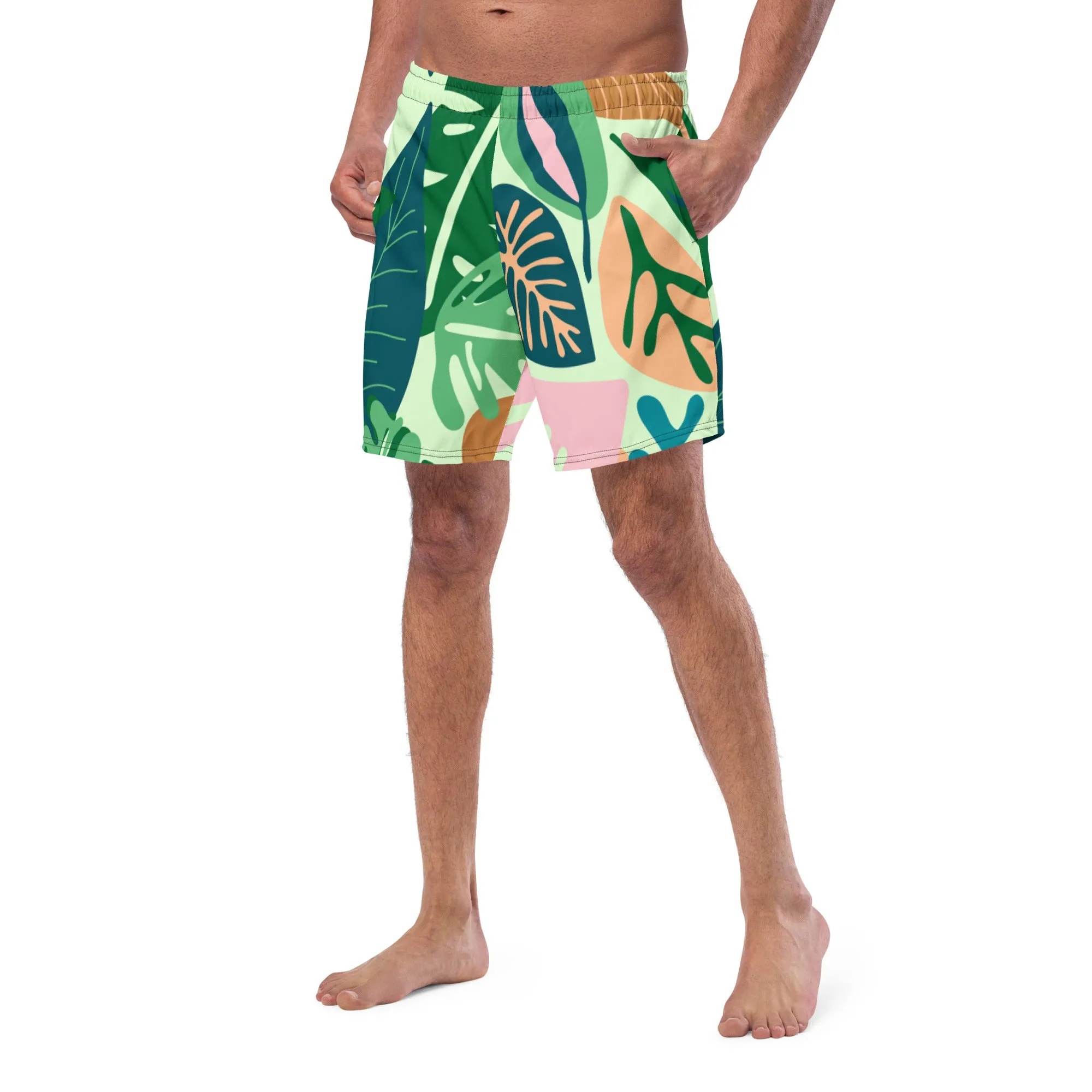 Green Tropical Men's Swim Trunks, Tropical Leaves Print Cute Quick Drying Comfortable Swim Trunks For Men - Made in USA/EU/MX