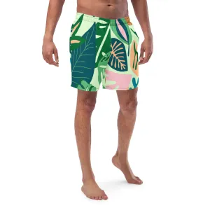 Green Tropical Men's Swim Trunks, Tropical Leaves Print Cute Quick Drying Comfortable Swim Trunks For Men - Made in USA/EU/MX