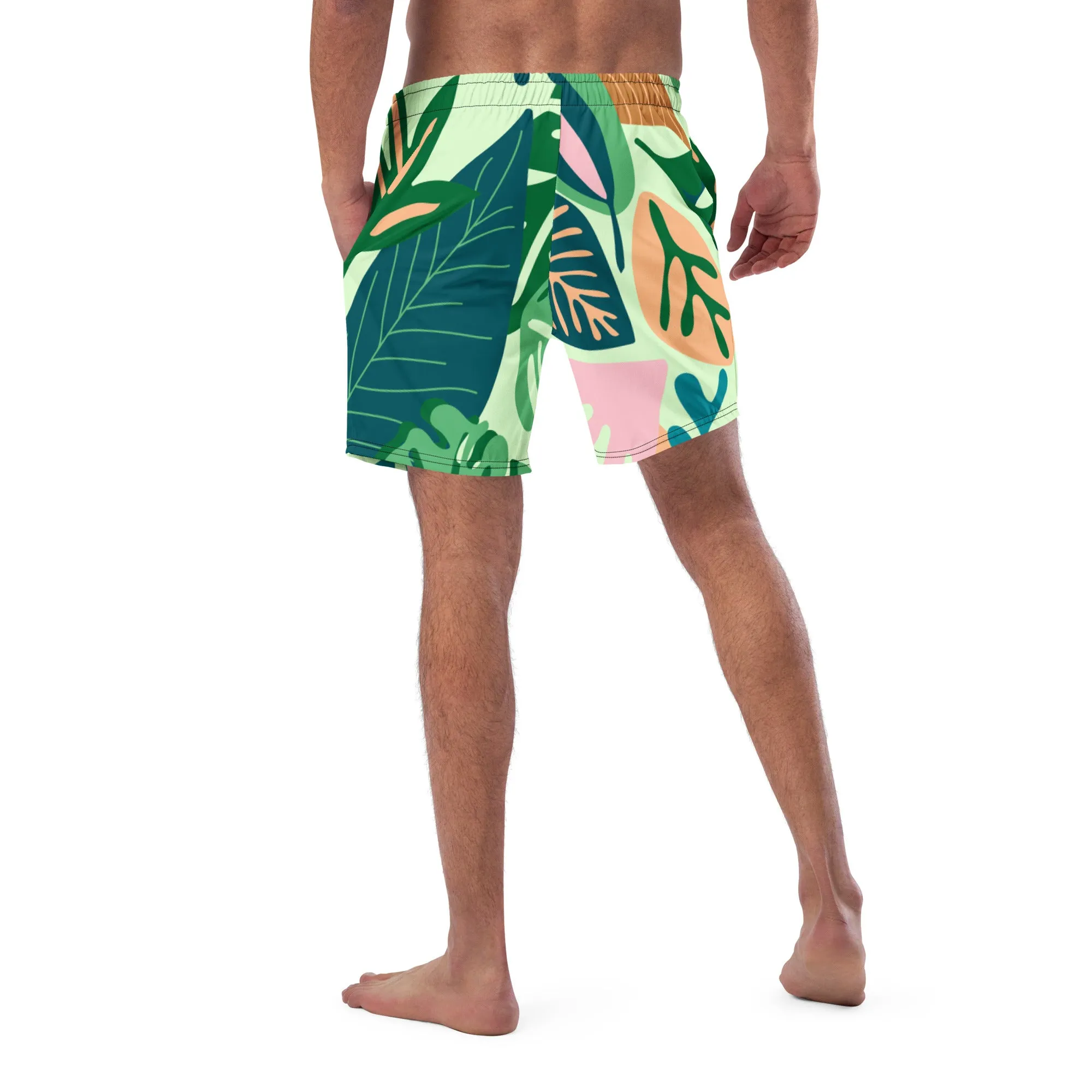 Green Tropical Men's Swim Trunks, Tropical Leaves Print Cute Quick Drying Comfortable Swim Trunks For Men - Made in USA/EU/MX