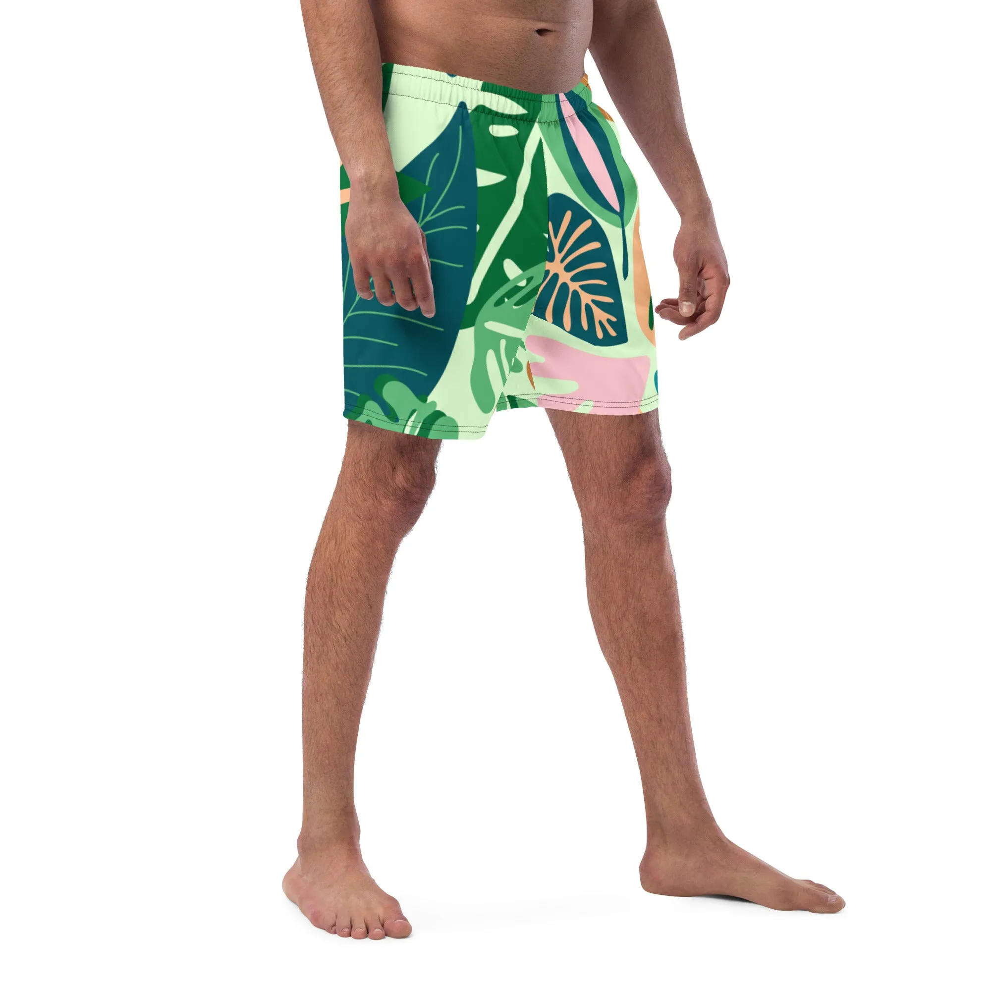 Green Tropical Men's Swim Trunks, Tropical Leaves Print Cute Quick Drying Comfortable Swim Trunks For Men - Made in USA/EU/MX