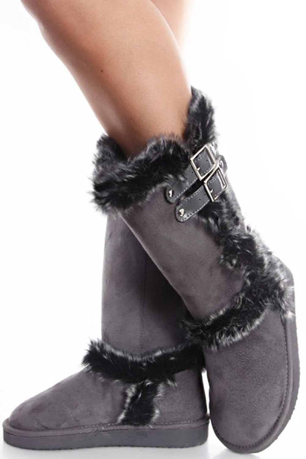 Grey Furry Shearling Faux Suede Buckle Mid-calf Boots Vegan