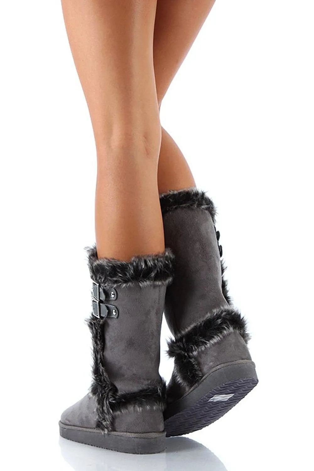 Grey Furry Shearling Faux Suede Buckle Mid-calf Boots Vegan