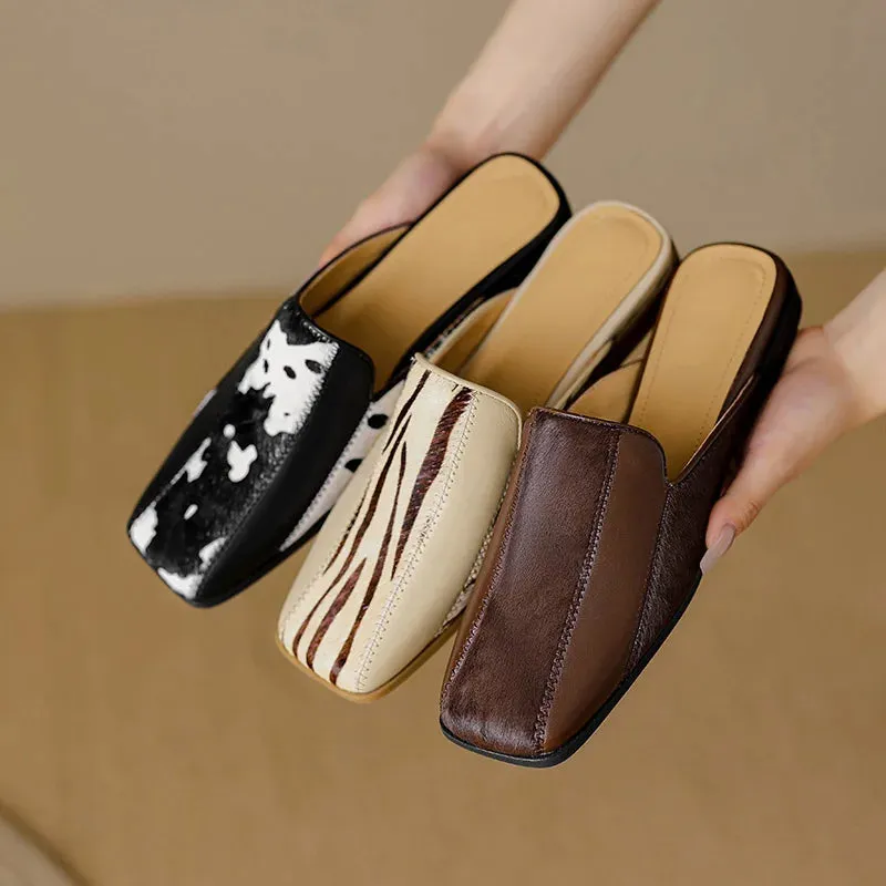 Horse Hair Patchwork Square Toe Mules