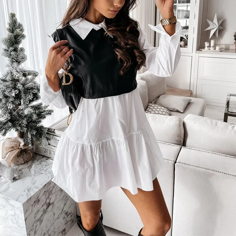 Joskaa hoco dresses Autumn Faux Leather Patchwork White Shirt Dress 2024 Women Casual Long Sleeve Plaid Chic Dress Lady Mini A Line Office Vestidos