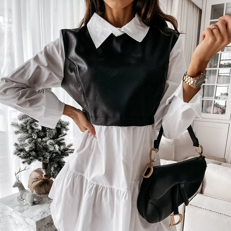 Joskaa hoco dresses Autumn Faux Leather Patchwork White Shirt Dress 2024 Women Casual Long Sleeve Plaid Chic Dress Lady Mini A Line Office Vestidos