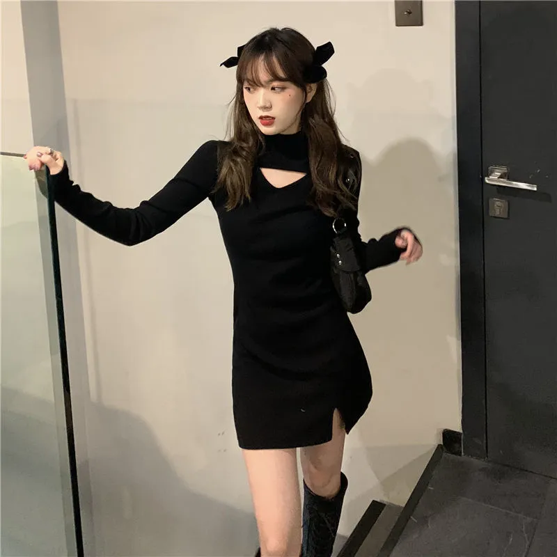 Joskaa hoco dresses Dress Women Black Mini Long Sleeve Turtleneck Side Split Korean Style Harajuku Punk Slinky Sexy Club Slim Fitness Ladies Fashion