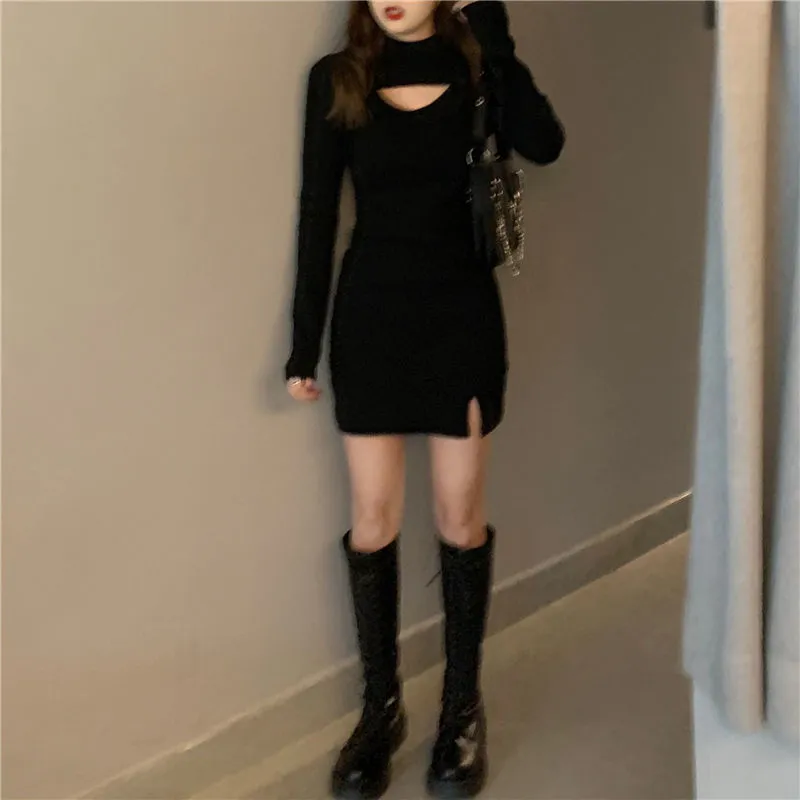 Joskaa hoco dresses Dress Women Black Mini Long Sleeve Turtleneck Side Split Korean Style Harajuku Punk Slinky Sexy Club Slim Fitness Ladies Fashion