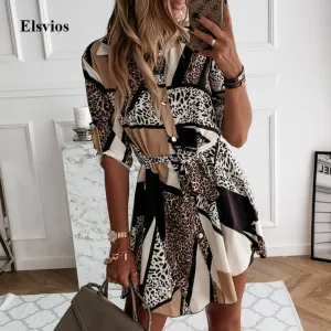 Joskaa hoco dresses Elegant Turn-Down Collar Button Party Dress Women Autumn Leopard Patchwork Print Mini Dress Lady Long Sleeve Bandage Shirt Dress