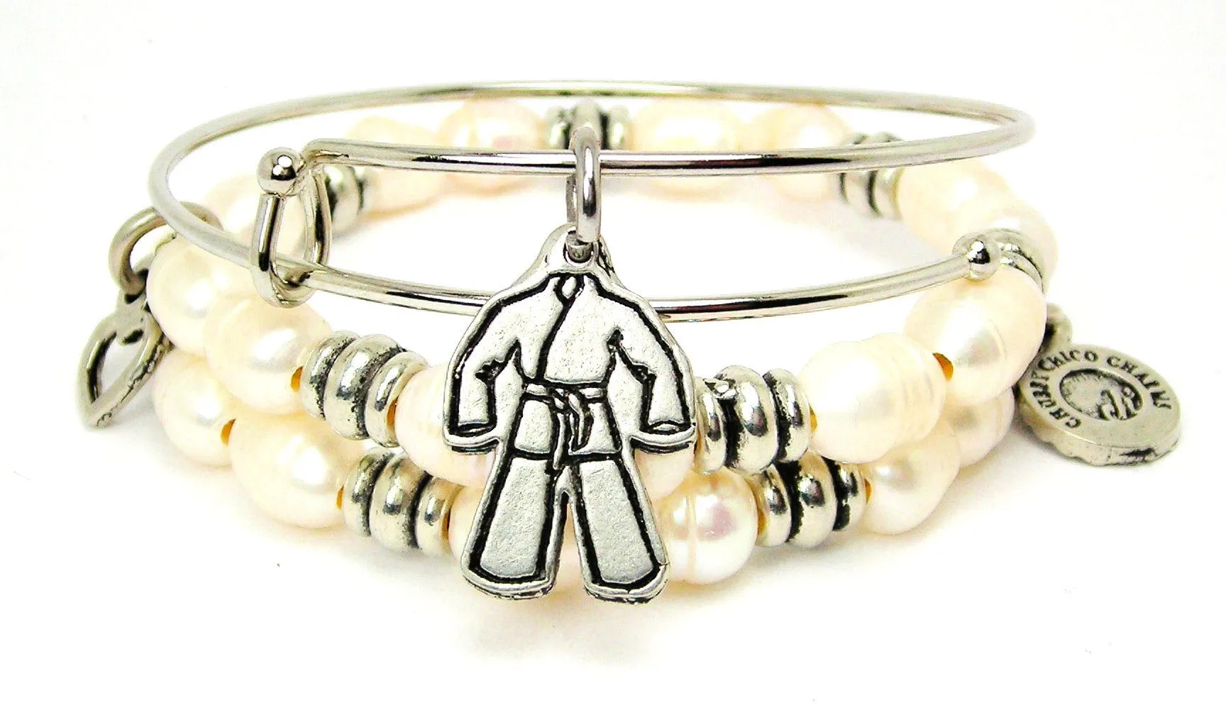 Karate Uniform Fresh Water Pearls Expandable Bangle Bracelet Set