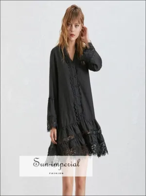 Korean Dress- Women Flare Sleeve O Neck Button Lace Patchwork Dresses Female Fashion Fashion new