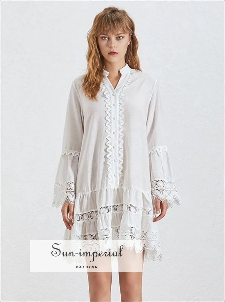 Korean Dress- Women Flare Sleeve O Neck Button Lace Patchwork Dresses Female Fashion Fashion new