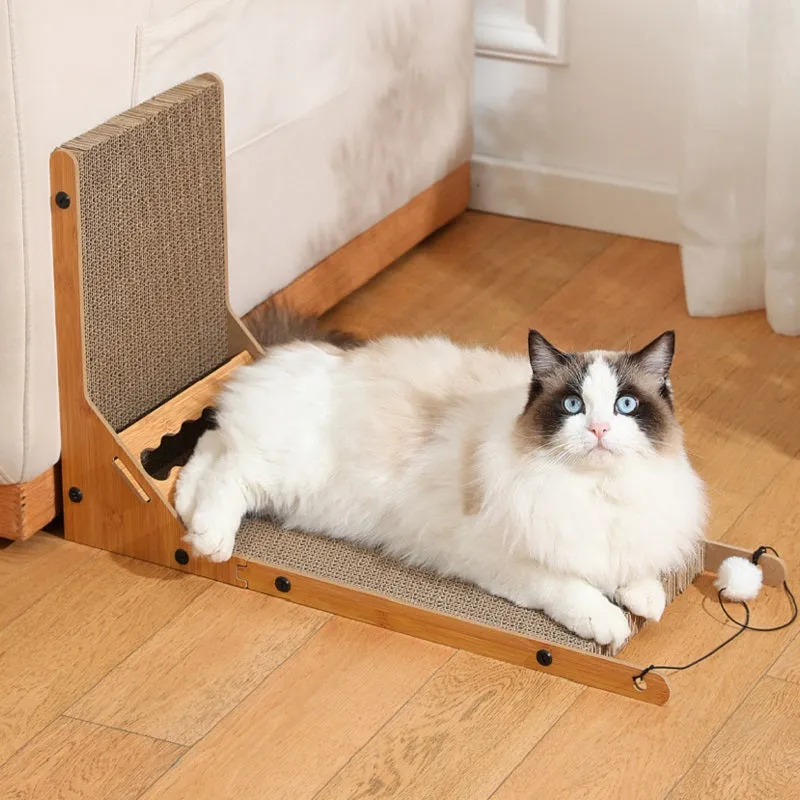 L-Shaped Cat Scratcher with interactive toy