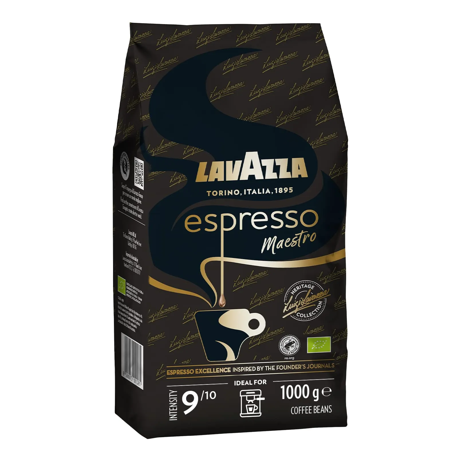 Lavazza Espresso Maestro Beans 1kg - Organic, Intense Fruit & Floral Espresso, 9/10 Strength