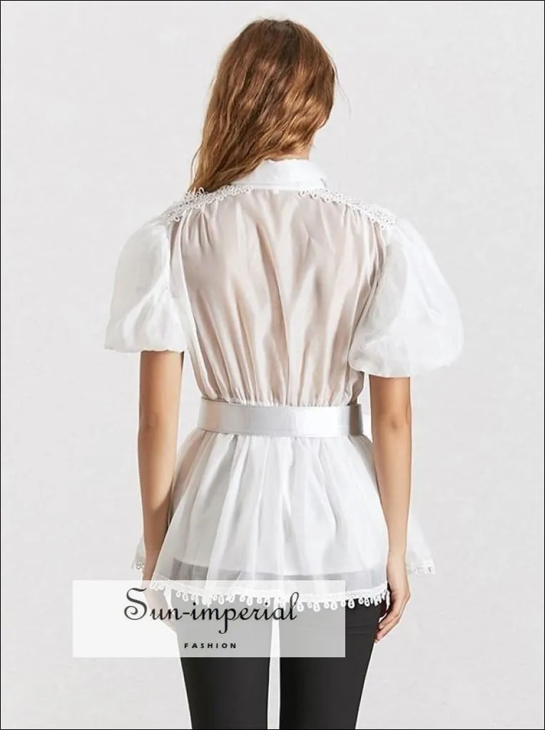 Lisa top - Black and White Elegant Sheer Belted Women Blouse Lapel Collar Short Puff Sleeve Chiffon