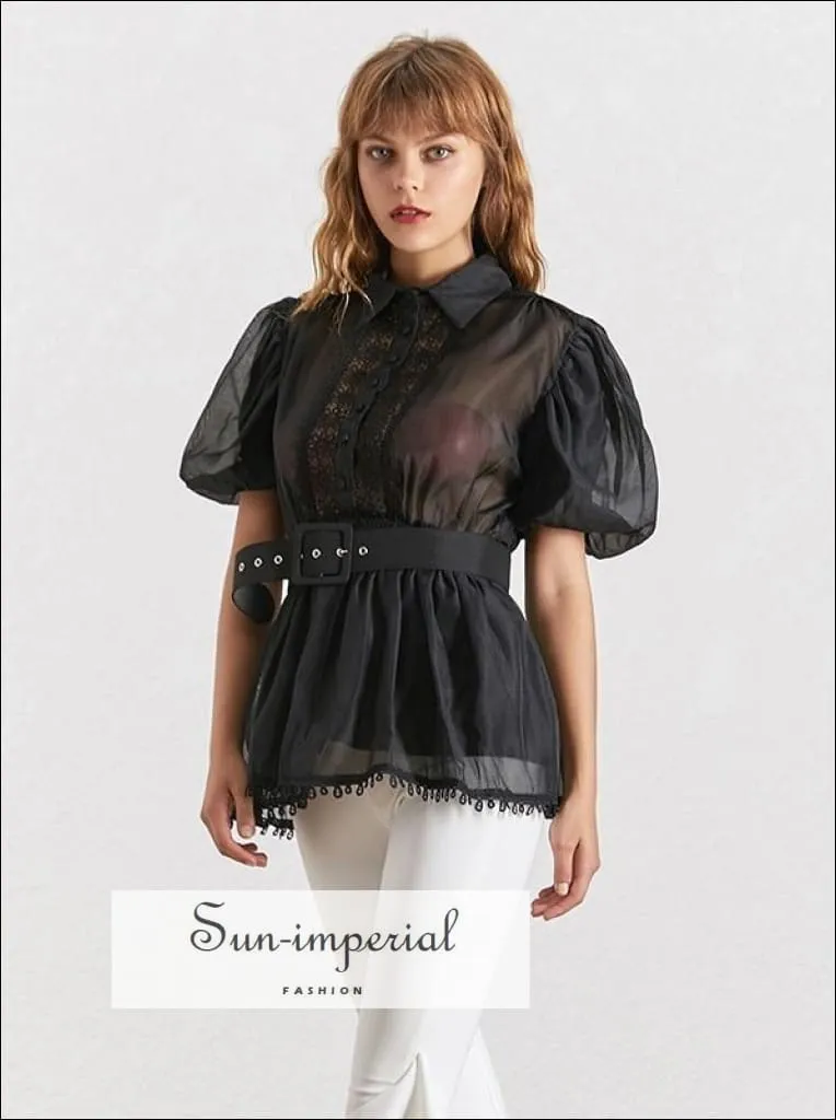 Lisa top - Black and White Elegant Sheer Belted Women Blouse Lapel Collar Short Puff Sleeve Chiffon