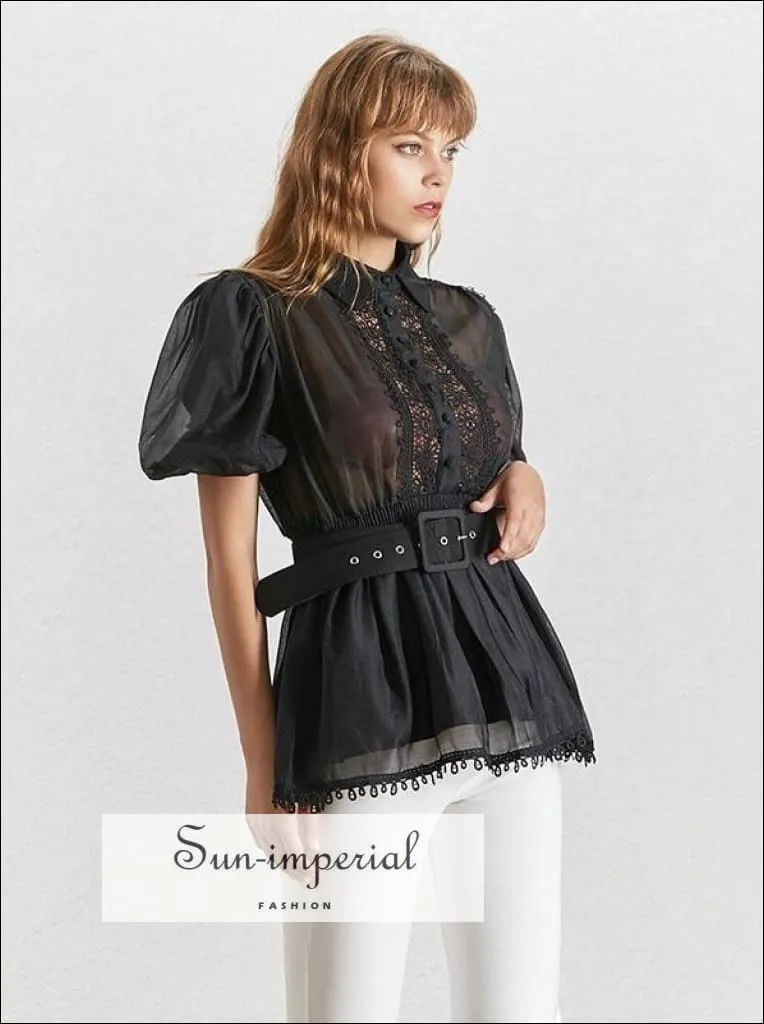 Lisa top - Black and White Elegant Sheer Belted Women Blouse Lapel Collar Short Puff Sleeve Chiffon