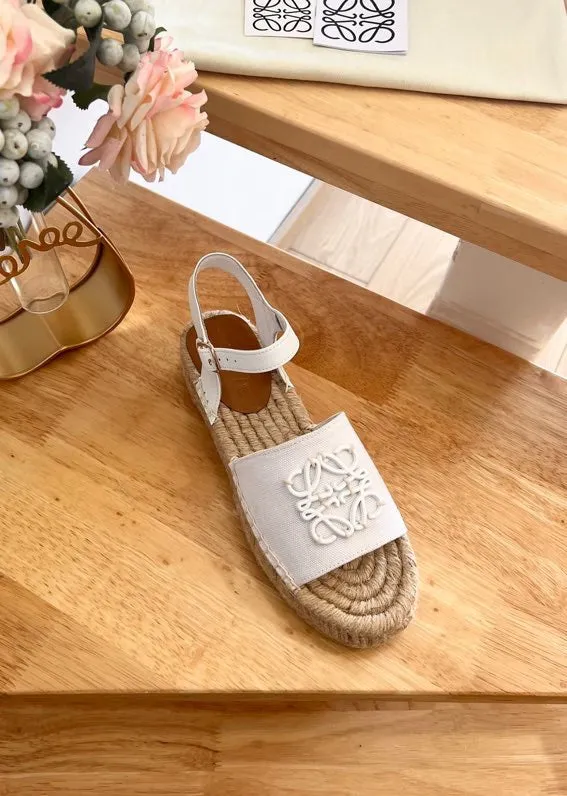 Loew Anagram White Beige Leather And Canvas Espadrille Sandals