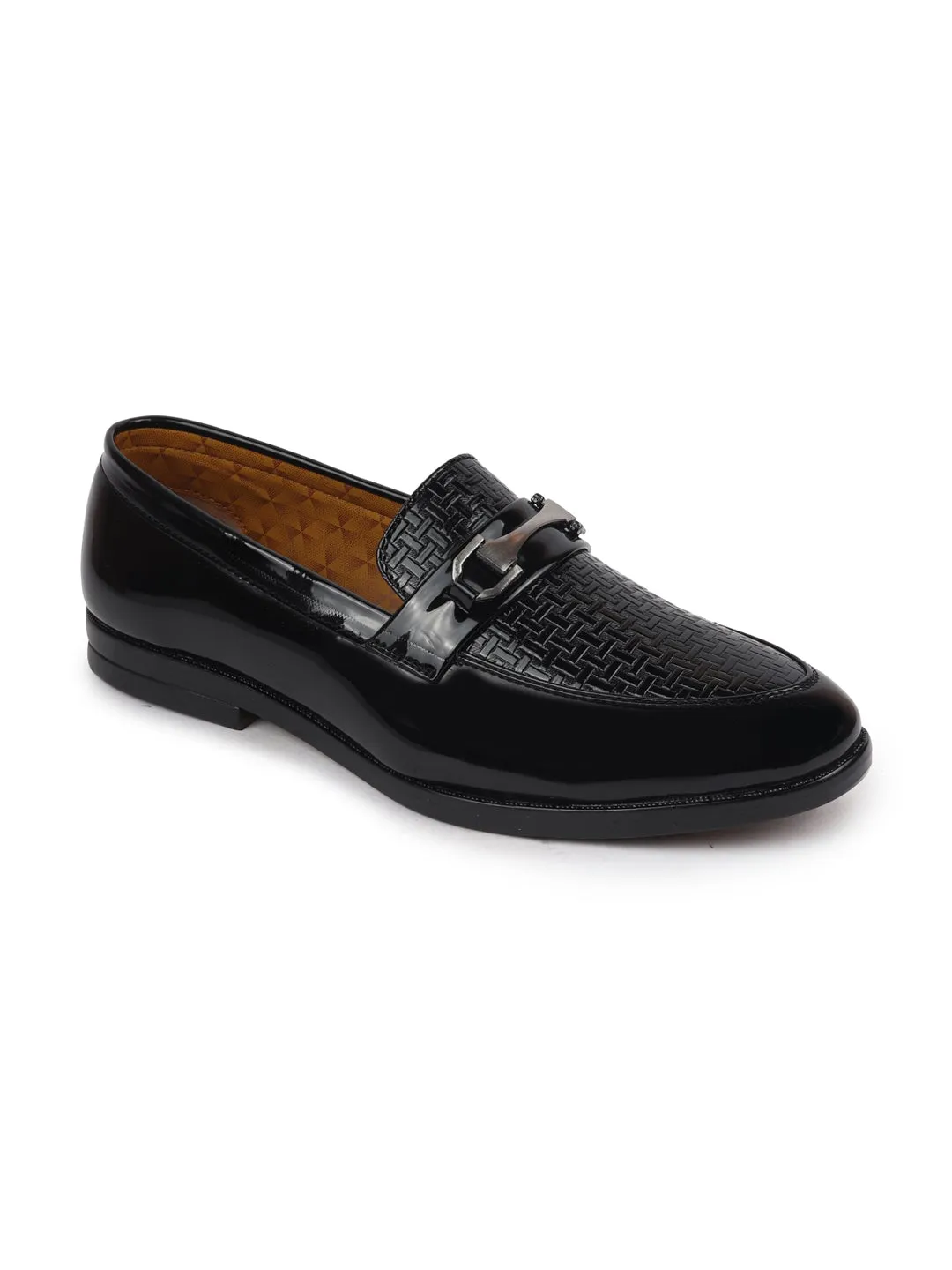 Men Black Patent Leather Party/Formal Horsebit Slip On Shoes with Textured Details