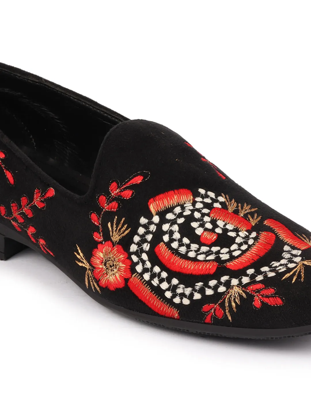 Men Red Embroidery Floral Print Velvet Party Slip On Loafers Shoes