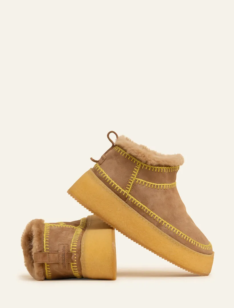 Nyuki Platform Crochet Ankle Boot Mustard Suede Ochre