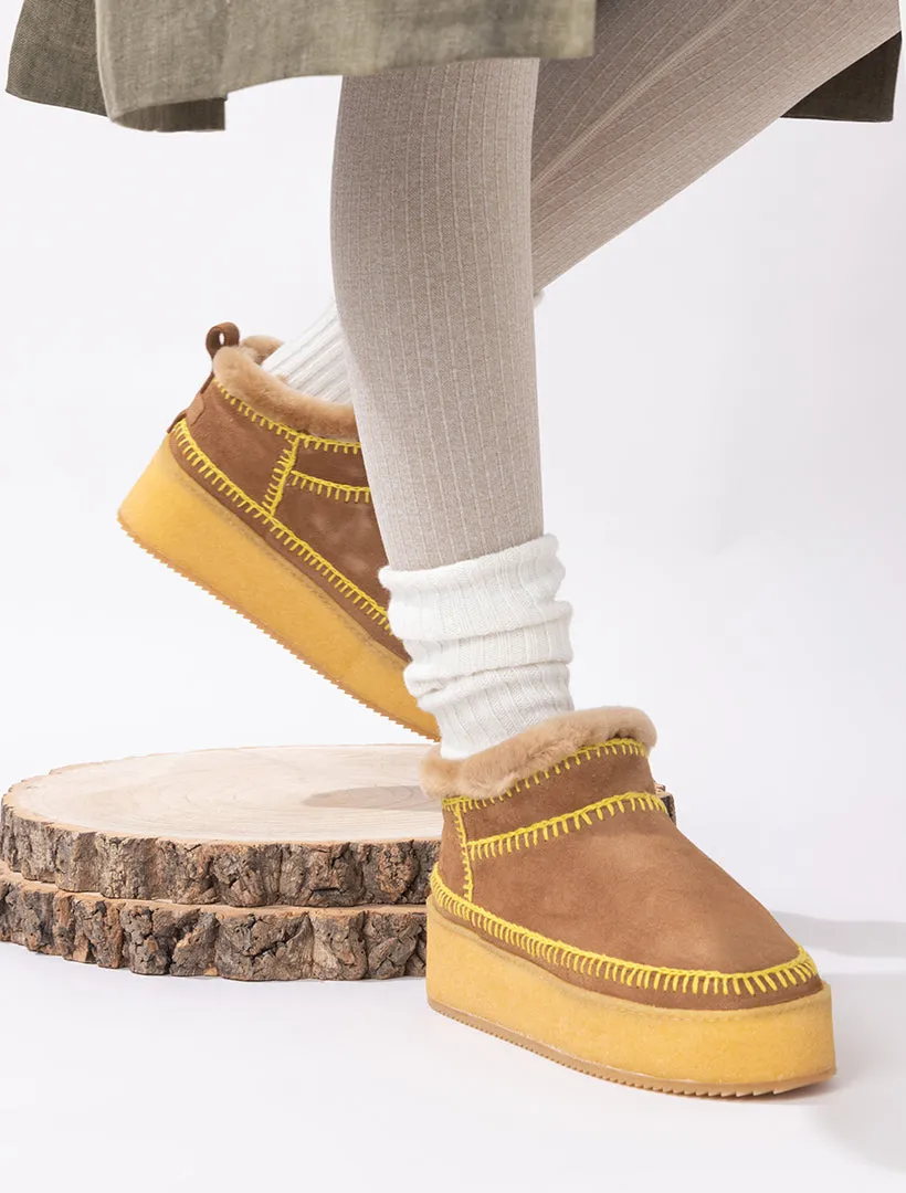 Nyuki Platform Crochet Ankle Boot Mustard Suede Ochre