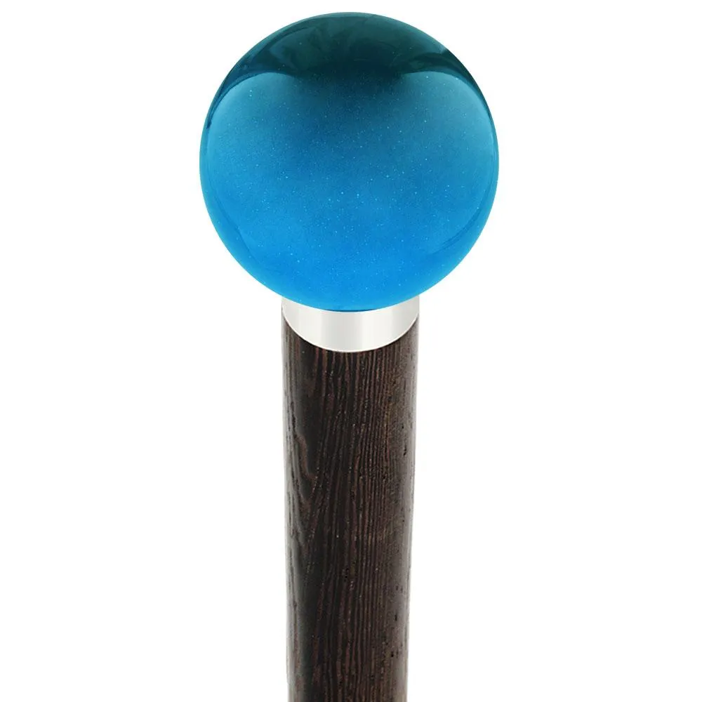 Ocean Blue Metallic Round Knob Cane w/ Custom Wood Shaft & Collar