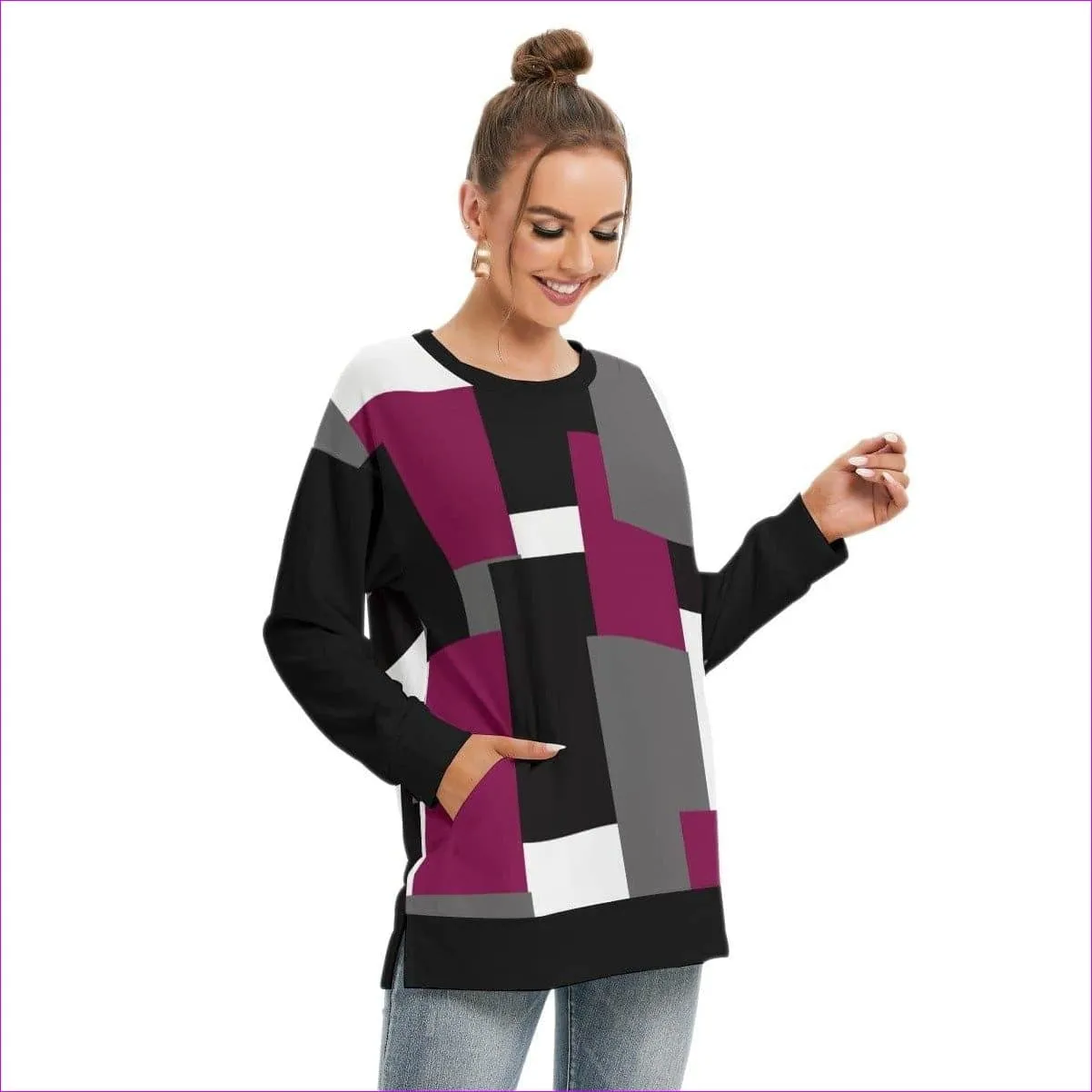 Patchwork Womens Side Split O-neck Sweatshirt