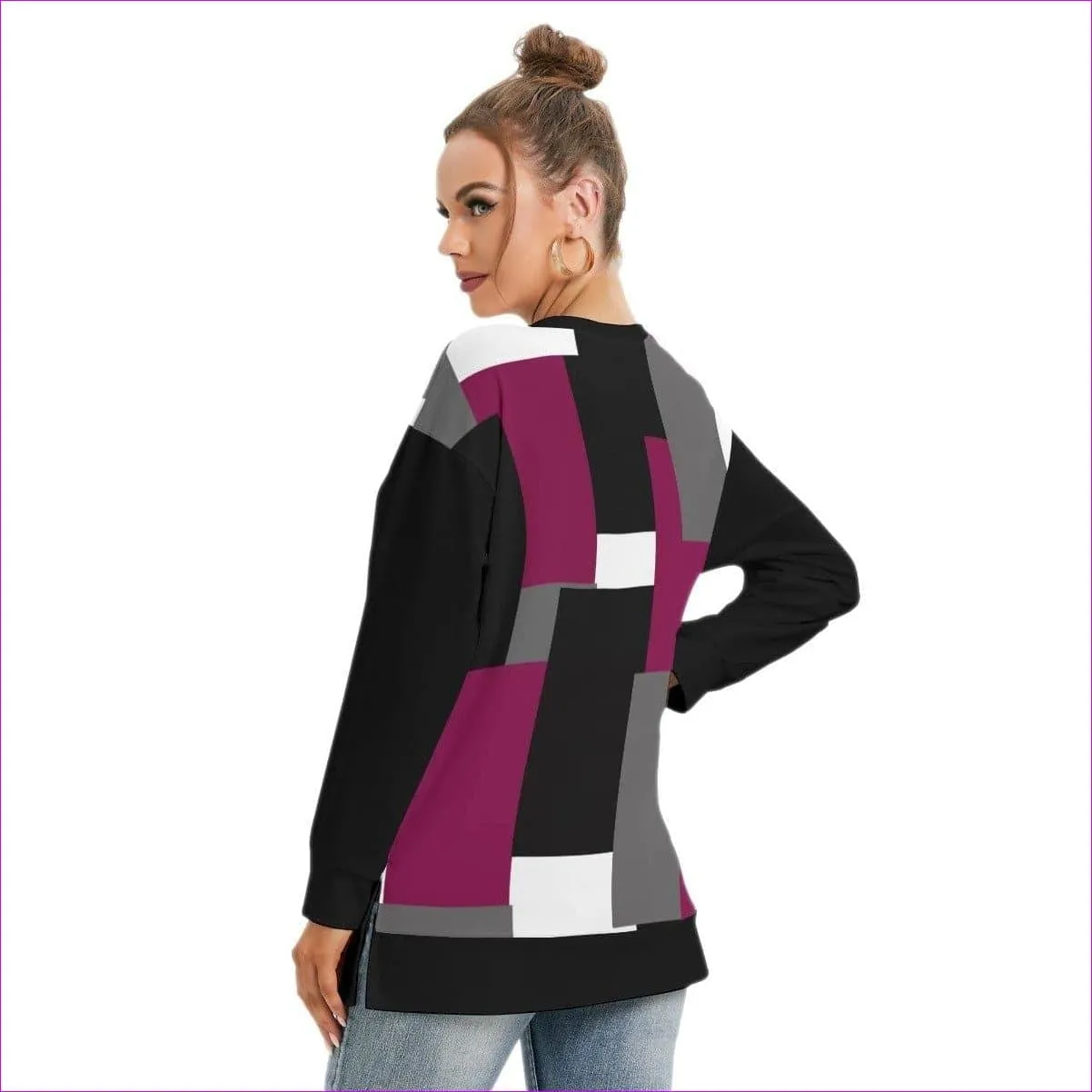 Patchwork Womens Side Split O-neck Sweatshirt