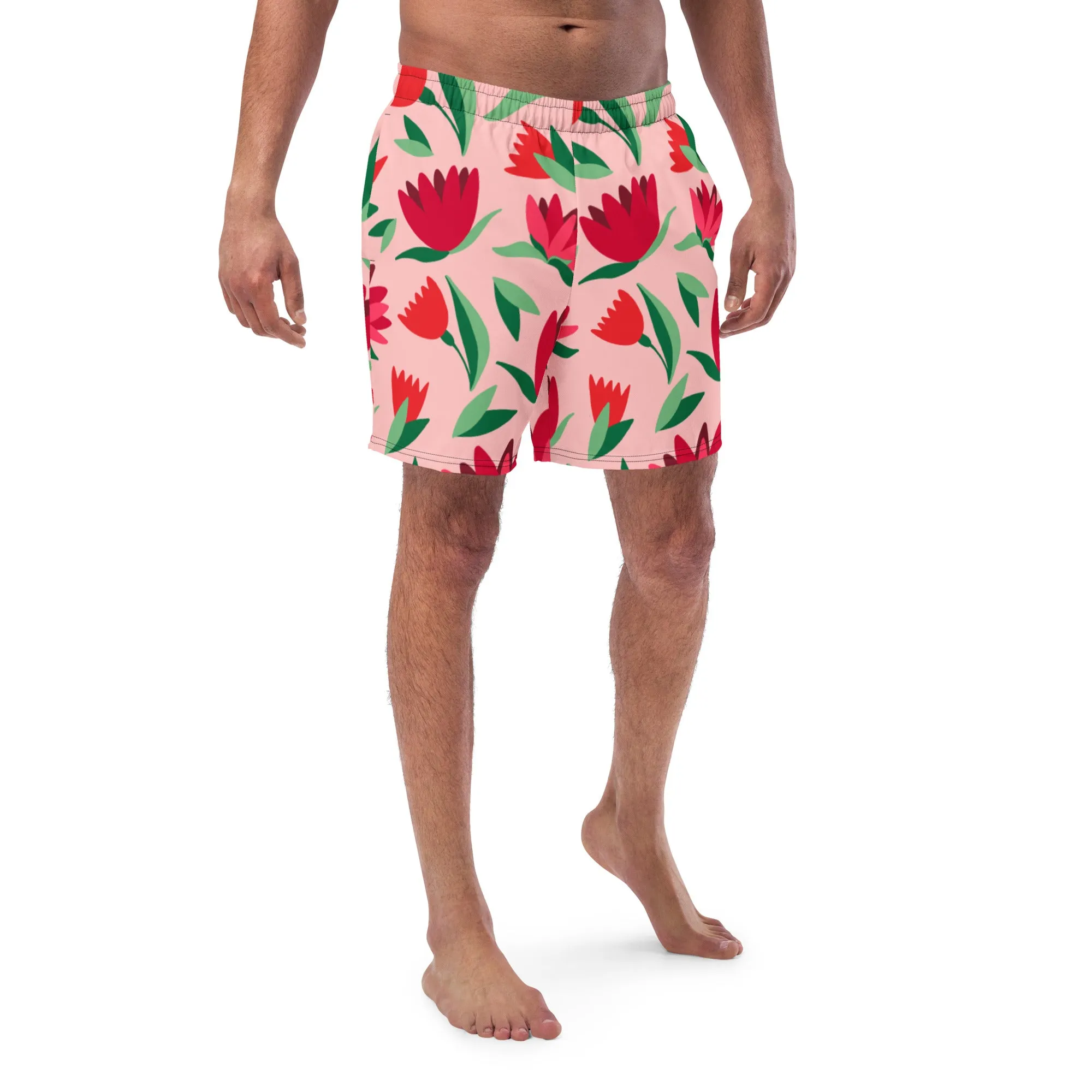 Pink Floral Men's Swim Trunks, Flower Print Cute Quick Drying Comfortable Swim Trunks For Men - Made in USA/EU/MX