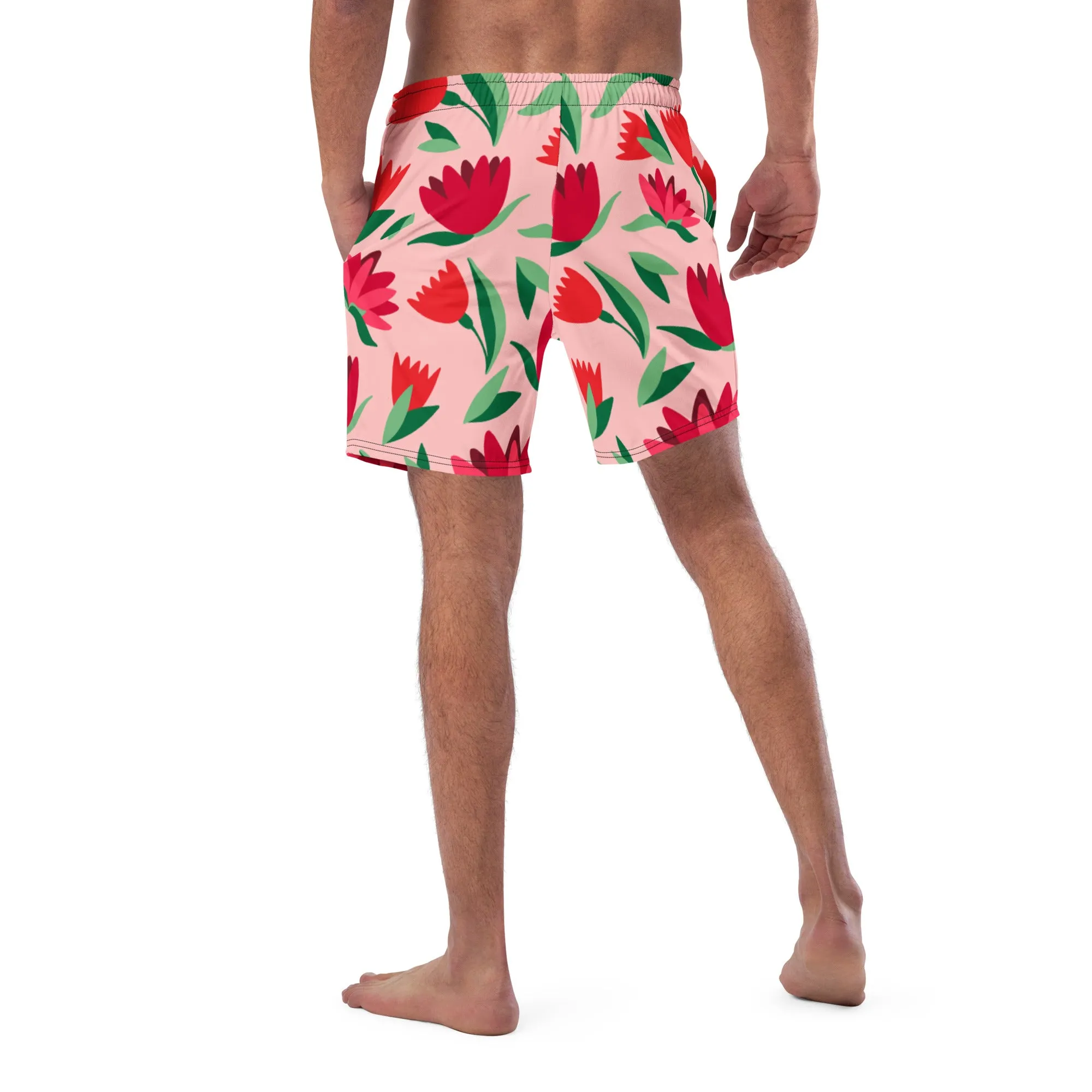 Pink Floral Men's Swim Trunks, Flower Print Cute Quick Drying Comfortable Swim Trunks For Men - Made in USA/EU/MX