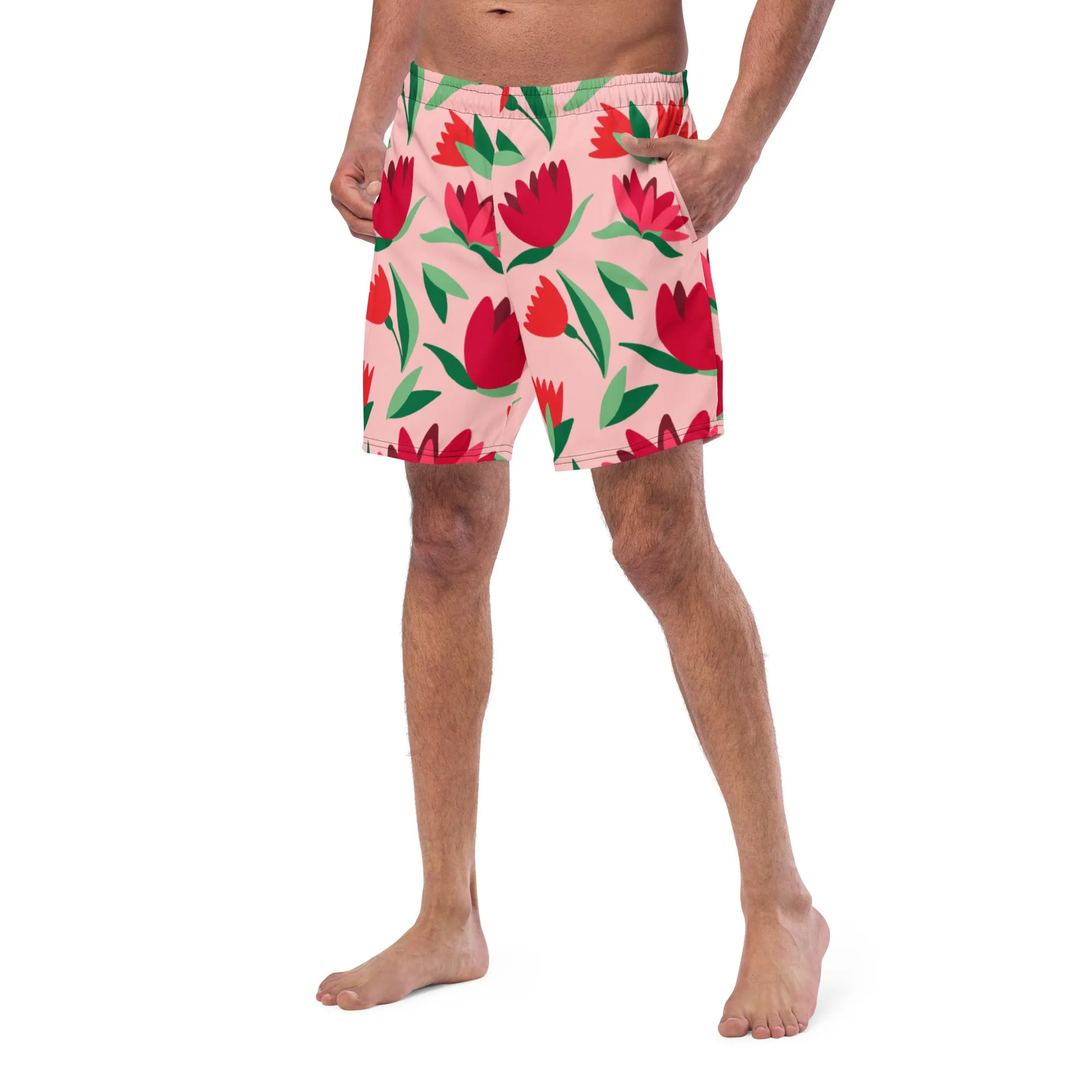 Pink Floral Men's Swim Trunks, Flower Print Cute Quick Drying Comfortable Swim Trunks For Men - Made in USA/EU/MX