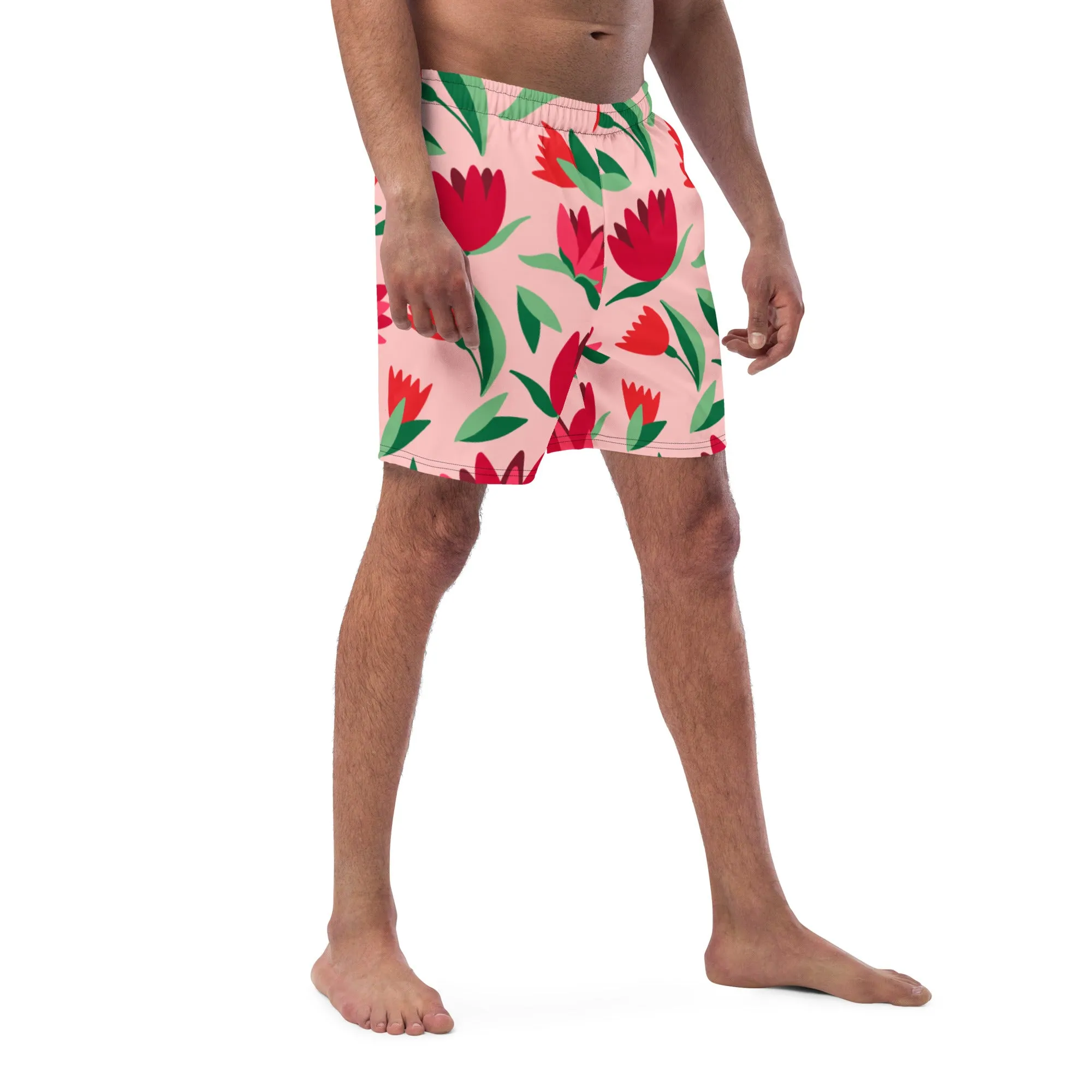 Pink Floral Men's Swim Trunks, Flower Print Cute Quick Drying Comfortable Swim Trunks For Men - Made in USA/EU/MX