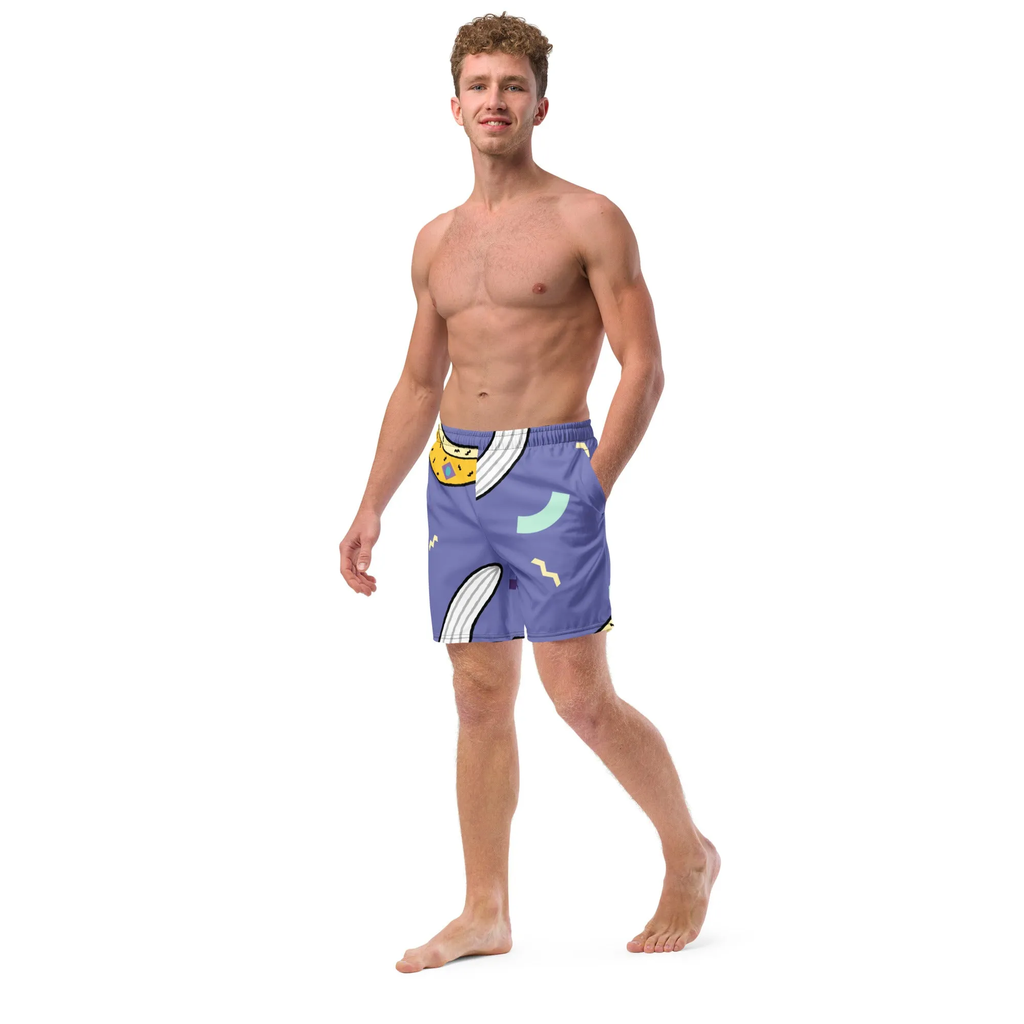 Purple Banana Men's Swim Trunks, Yellow Banana Print Cute Quick Drying Comfortable Swim Trunks For Men - Made in USA/EU/MX