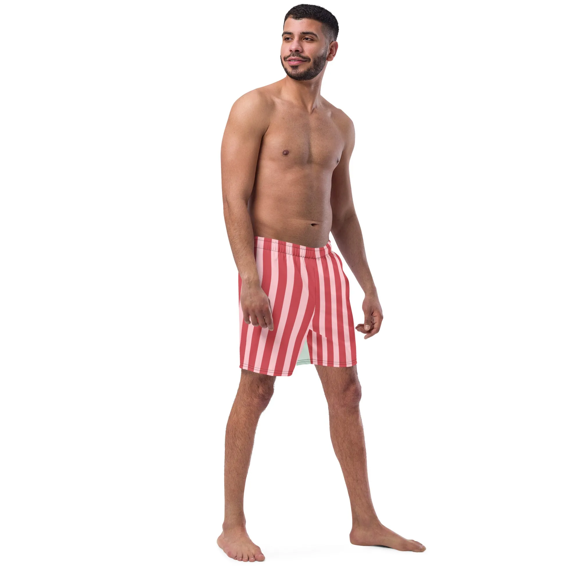 Red Pink Striped Men's Swimwear, Best Designer Premium Luxury Men's Swim Trunks - Made in USA/EU/MX (US Size: 2XS-6XL)