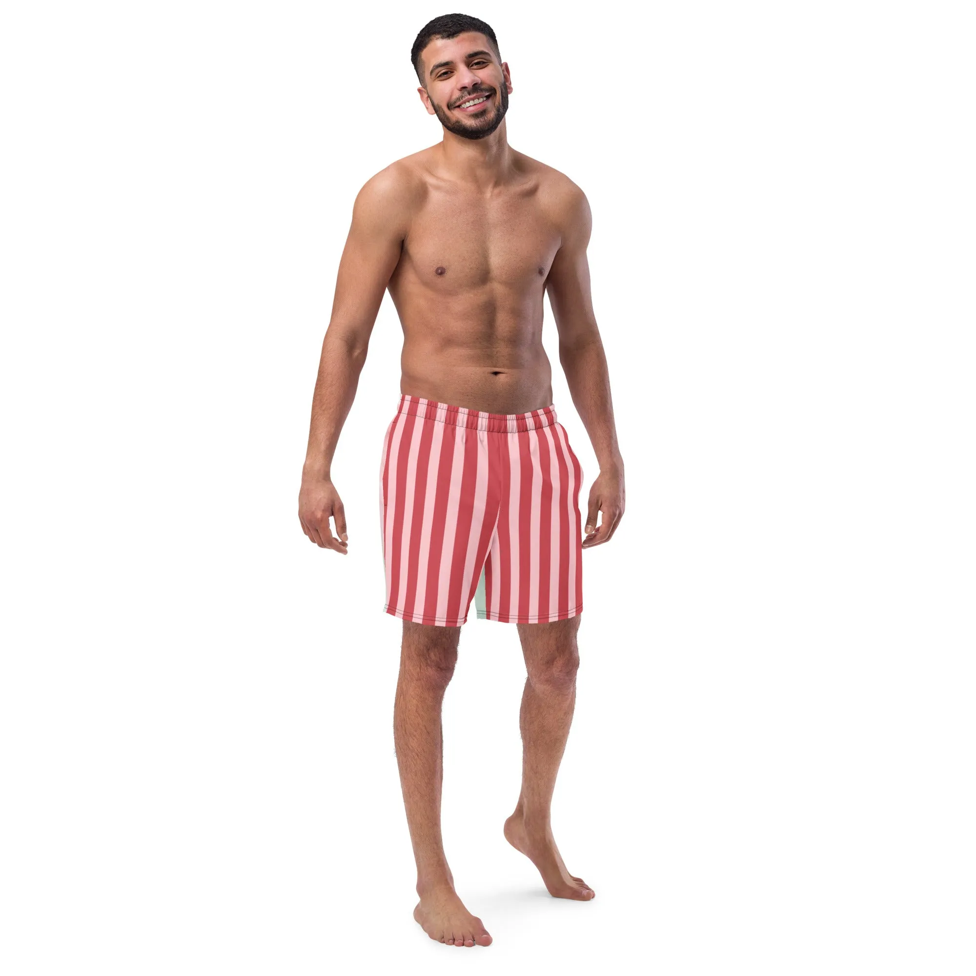 Red Pink Striped Men's Swimwear, Best Designer Premium Luxury Men's Swim Trunks - Made in USA/EU/MX (US Size: 2XS-6XL)