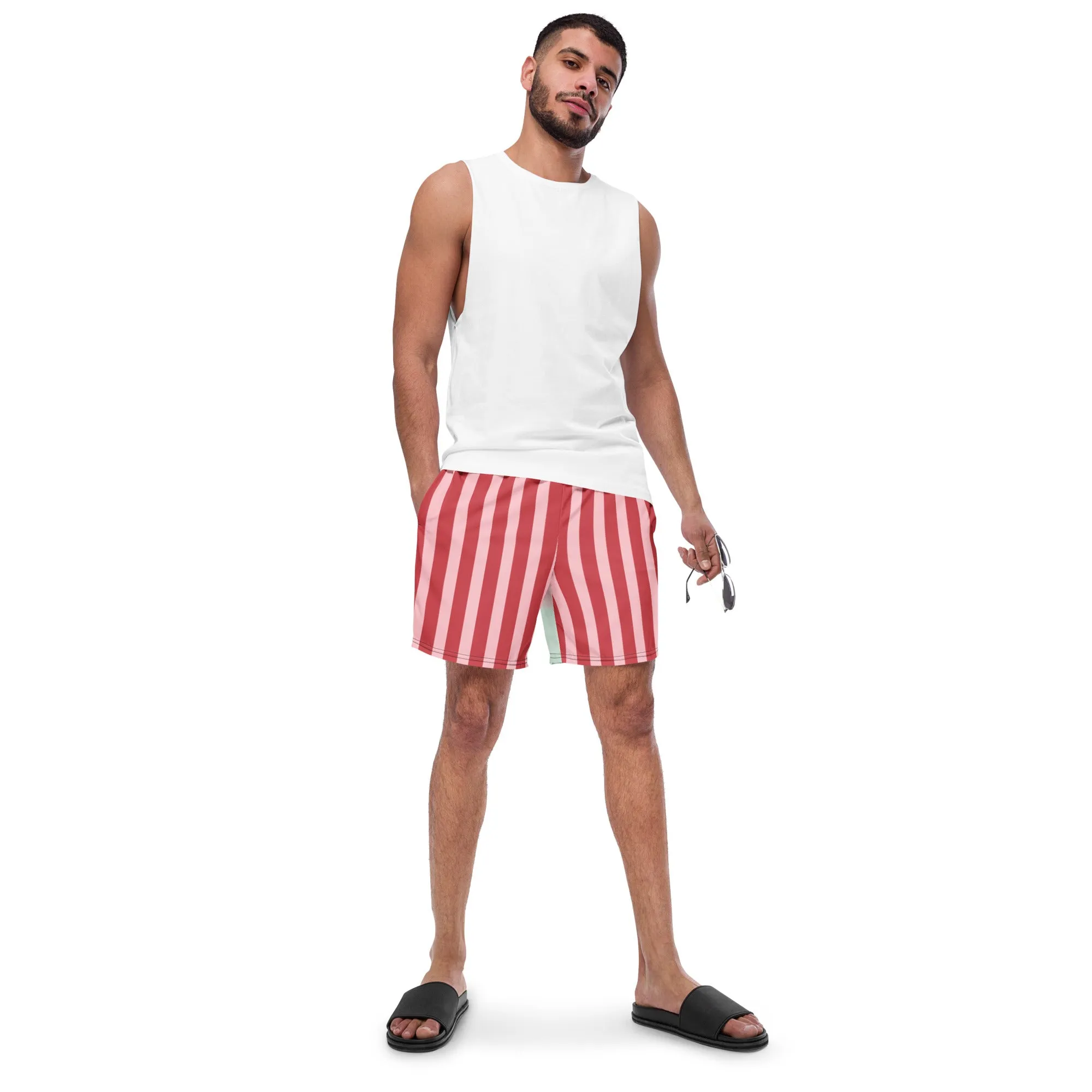 Red Pink Striped Men's Swimwear, Best Designer Premium Luxury Men's Swim Trunks - Made in USA/EU/MX (US Size: 2XS-6XL)