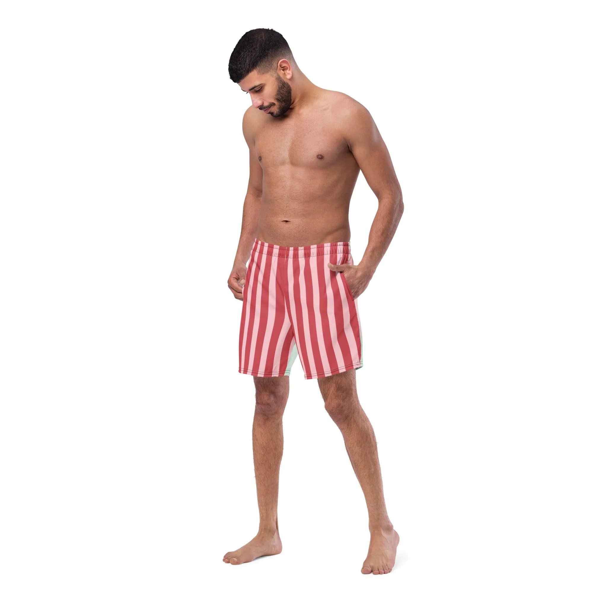 Red Pink Striped Men's Swimwear, Best Designer Premium Luxury Men's Swim Trunks - Made in USA/EU/MX (US Size: 2XS-6XL)