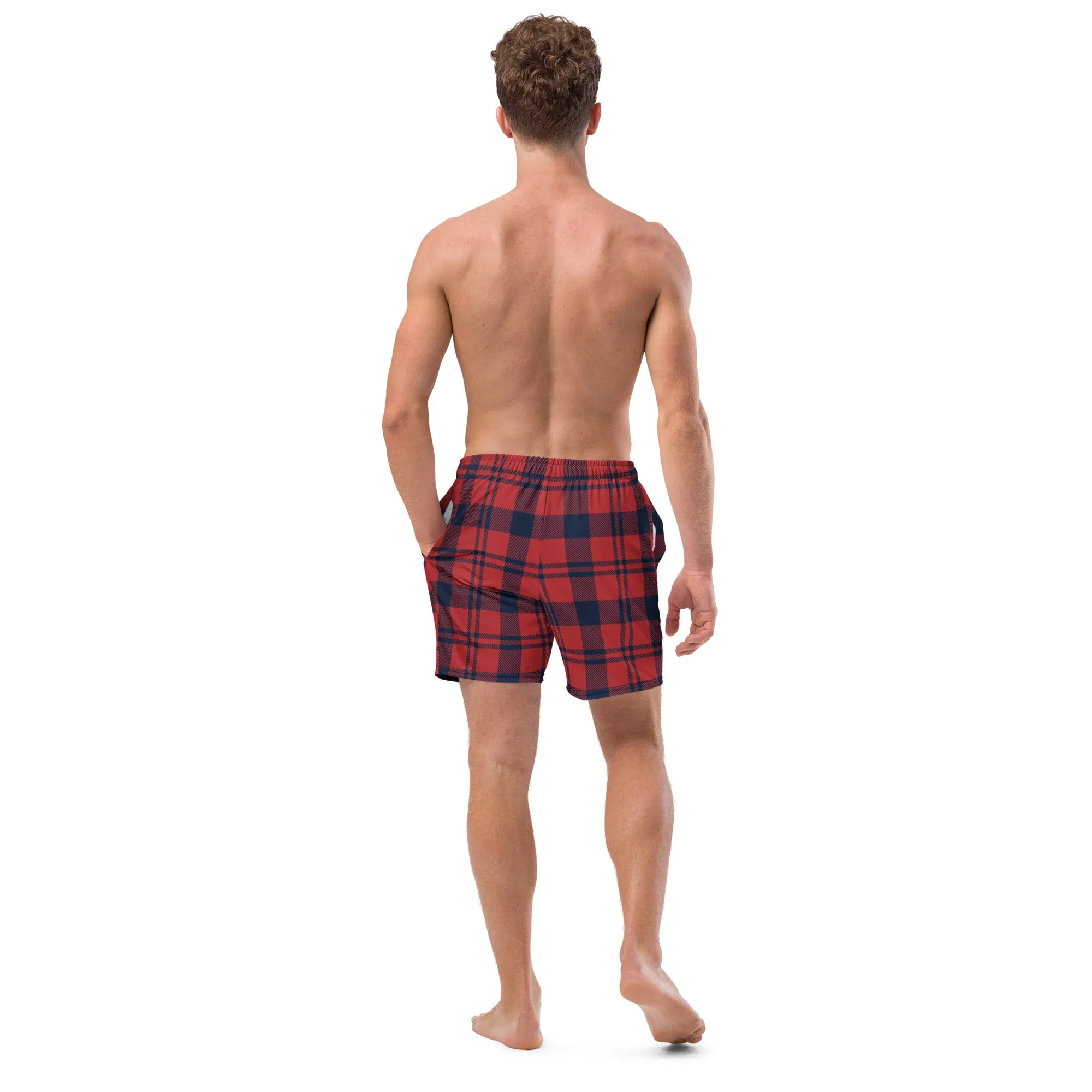 Red Plaid Men's Swimwear, Tartan Plaid Scottish Style Print Cute Quick Drying Comfortable Swim Trunks For Men - Made in USA/EU/MX