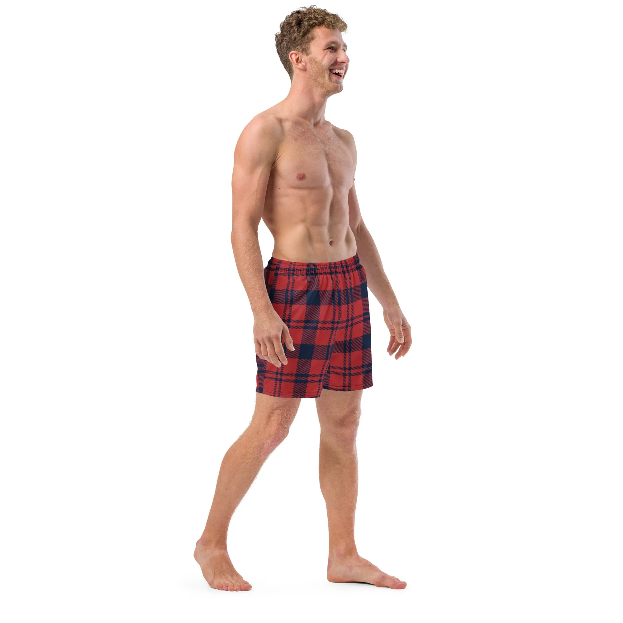 Red Plaid Men's Swimwear, Tartan Plaid Scottish Style Print Cute Quick Drying Comfortable Swim Trunks For Men - Made in USA/EU/MX