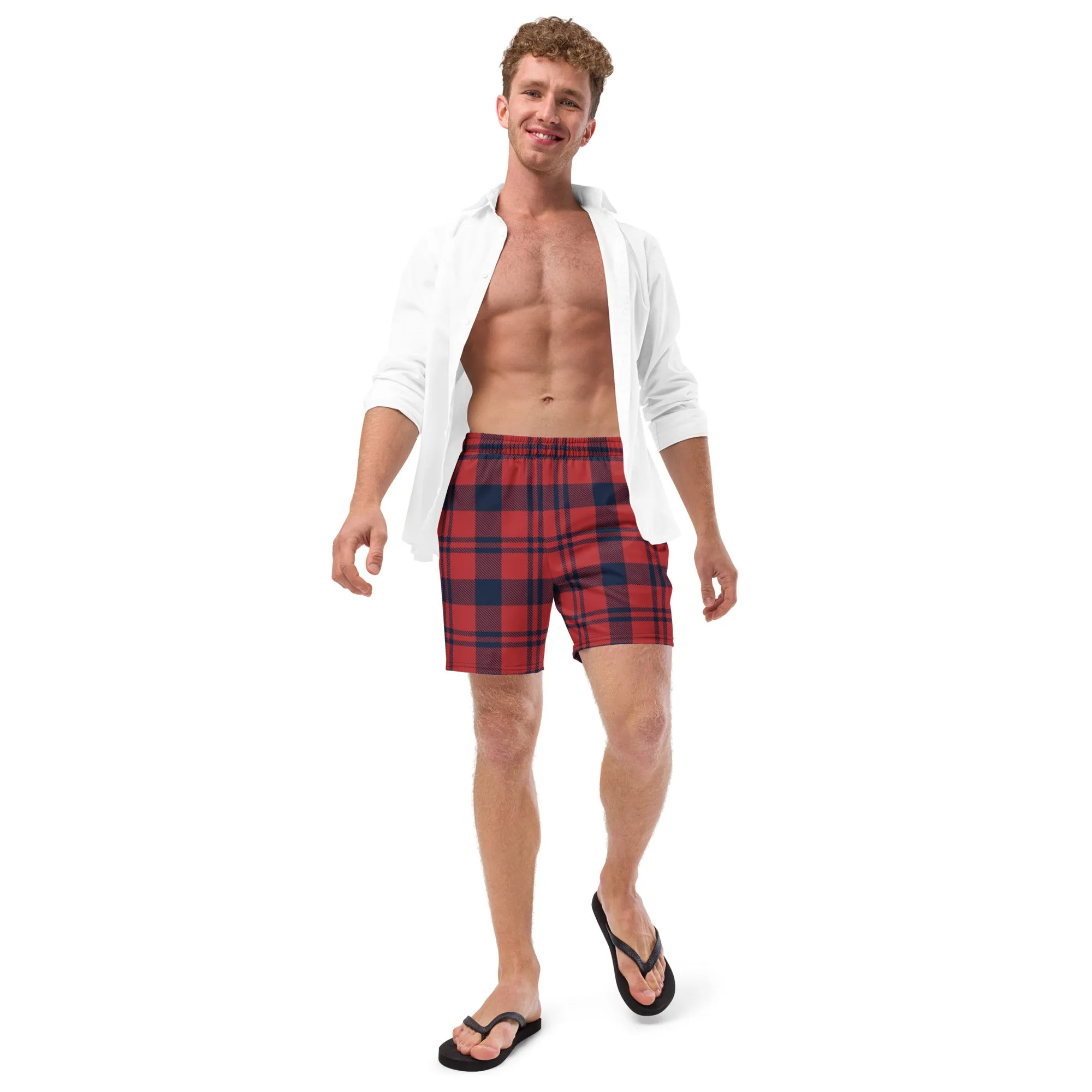 Red Plaid Men's Swimwear, Tartan Plaid Scottish Style Print Cute Quick Drying Comfortable Swim Trunks For Men - Made in USA/EU/MX