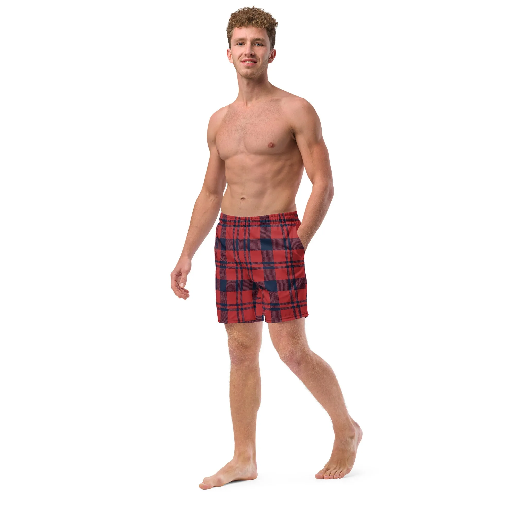 Red Plaid Men's Swimwear, Tartan Plaid Scottish Style Print Cute Quick Drying Comfortable Swim Trunks For Men - Made in USA/EU/MX