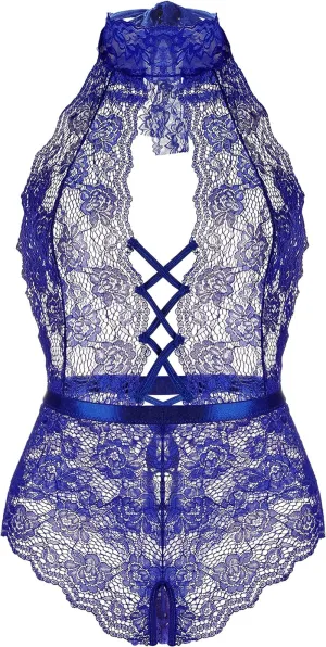 Sexy Blue Lace Halter Teddy Bodysuit - Plus Size XXL