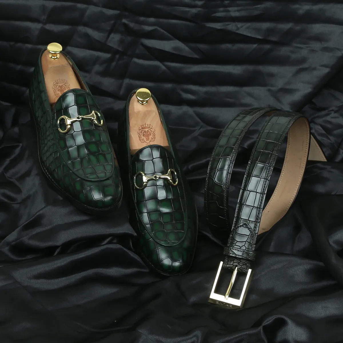 Smokey Finish Leather Loafer In Green Color With Horse-bit Buckle