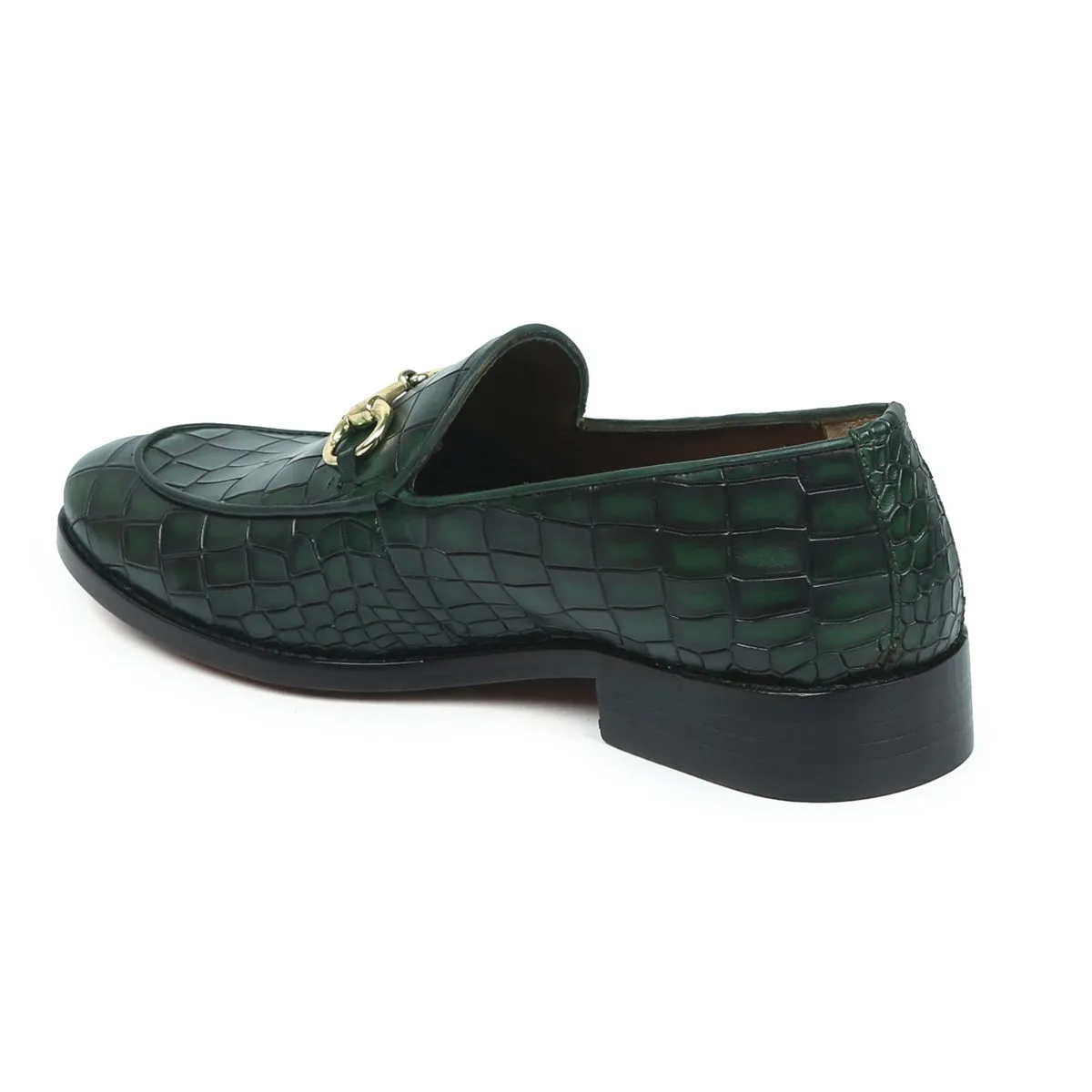 Smokey Finish Leather Loafer In Green Color With Horse-bit Buckle